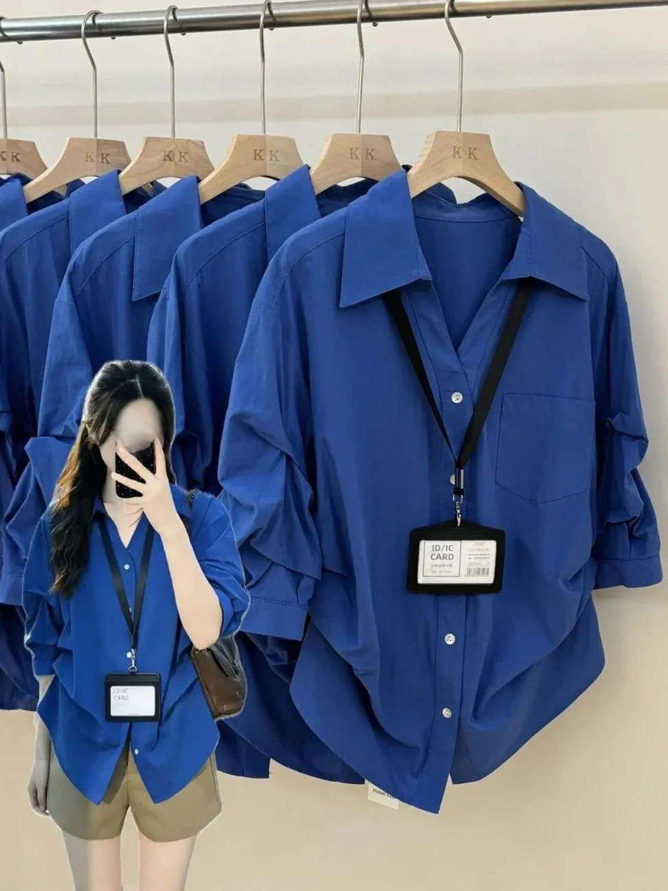 

French Style Women's Shirt Midi Sleeve Gathered Waist Sun Protection Fashionable Blue Chic Button Placket Loose Fit Shirt