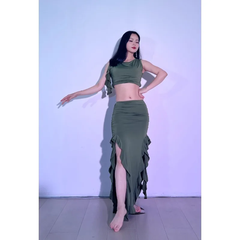 Traje de danza del vientre personalizado, vestido largo de práctica de danza Oriental con borde de hoja de loto, falda larga superior de danza del vientre
