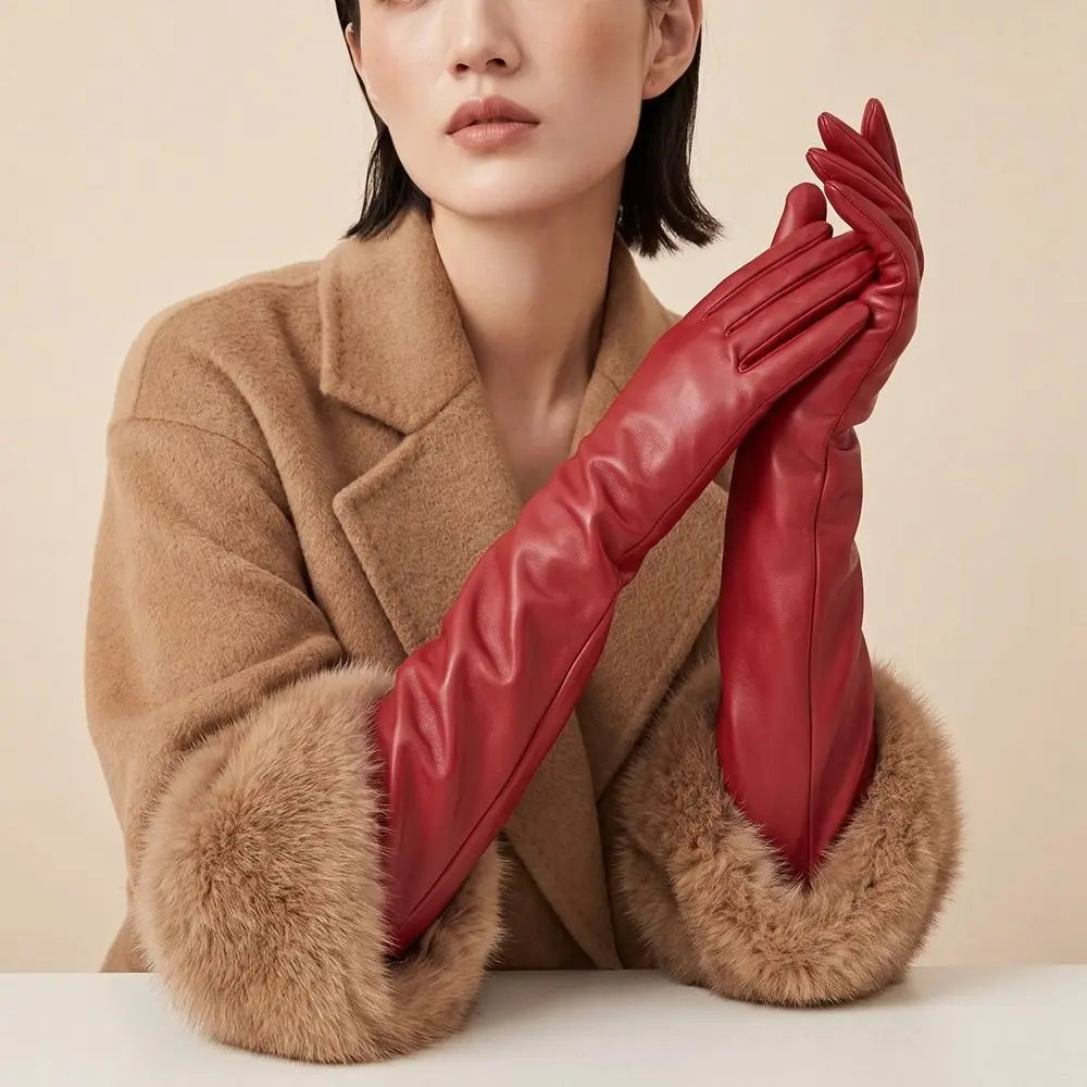 High Quality Solid Color Pu Leather Gloves Full Finger 1920s Long Gloves Retro Warm Touch Screen Mittens Women