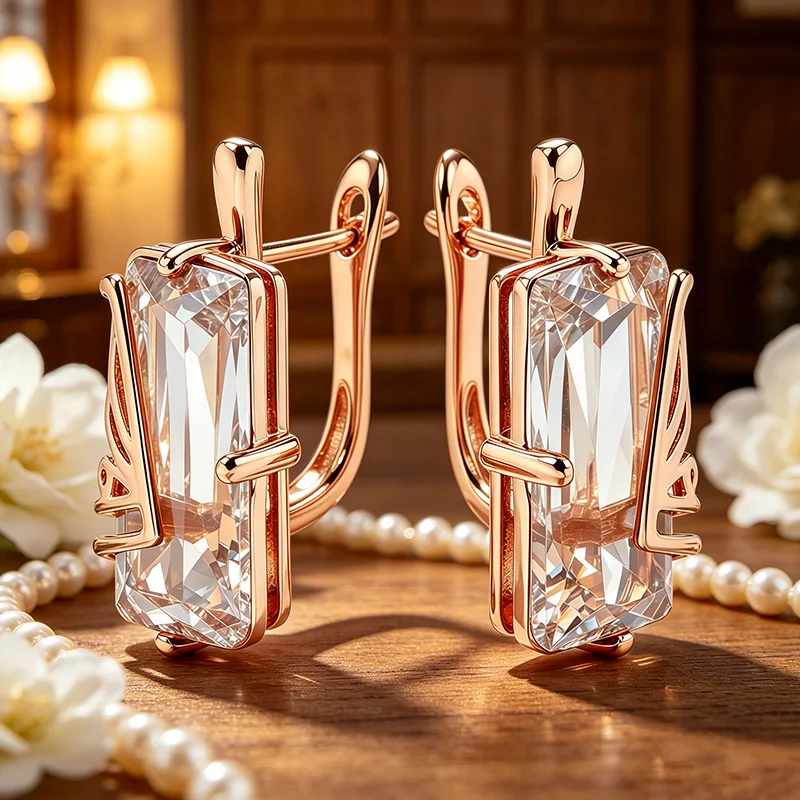 Wbmqda Lange Ohrhänger für Damen mit glänzendem weißem Stein, 585er Roségold, einzigartiger Dubai-Schmuck