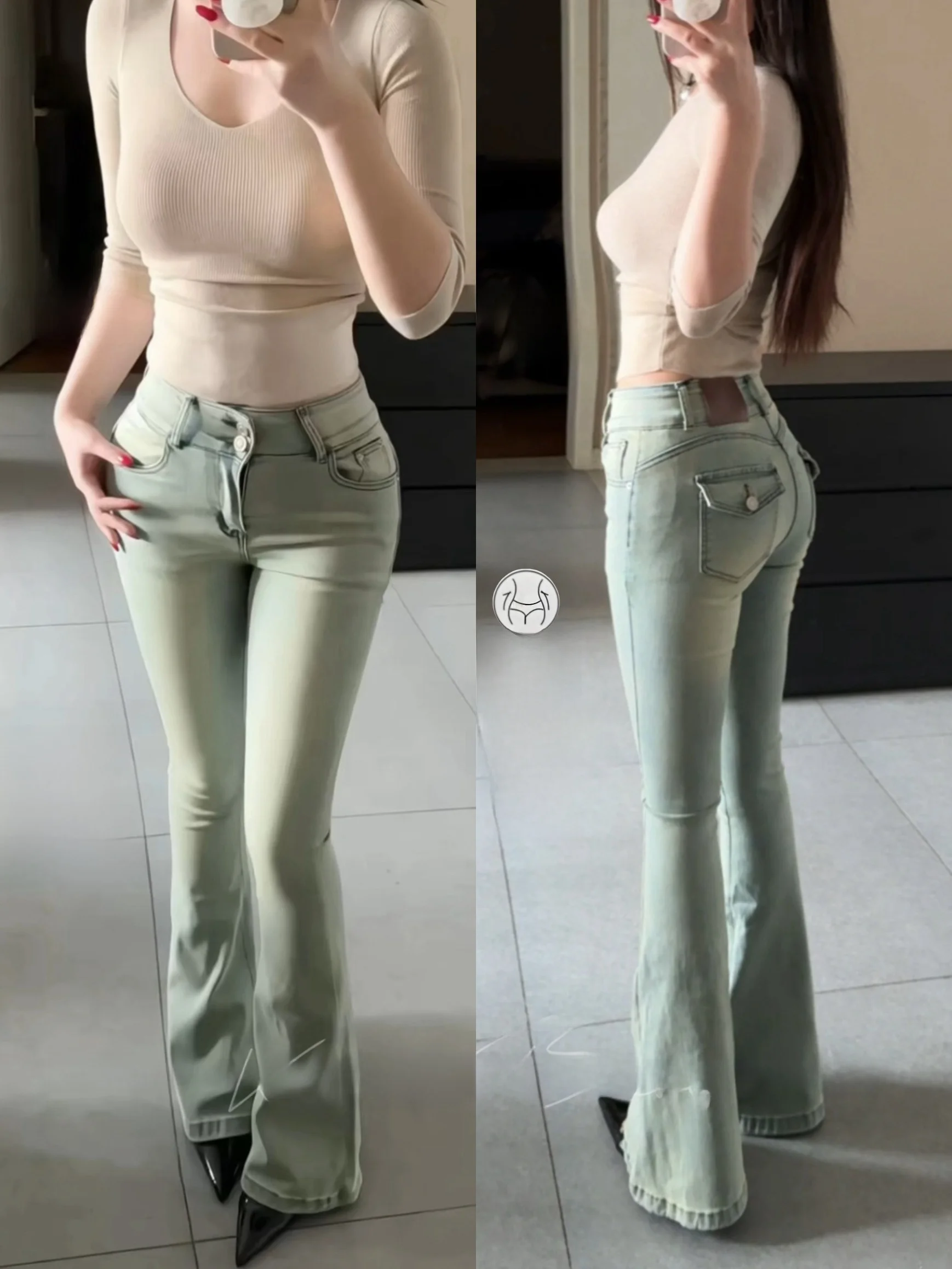 

Джинсы-клеш Ice Sensation Mint с высокой талией, облегающие, стрейч, корейский стиль, цвет желтой глины, для женщин, сексуальные, подчеркивающие бедра