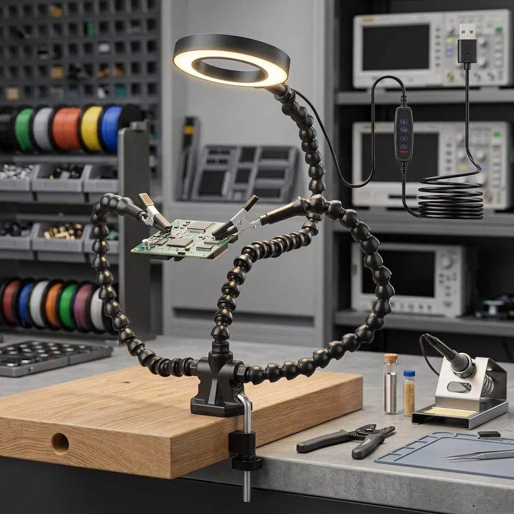 flexible-soldering-helping-hands-with-5-arm-adjustable-clamp-and-built-in-usb-led-ring-light-for-pcb-work-and-electronics-repair