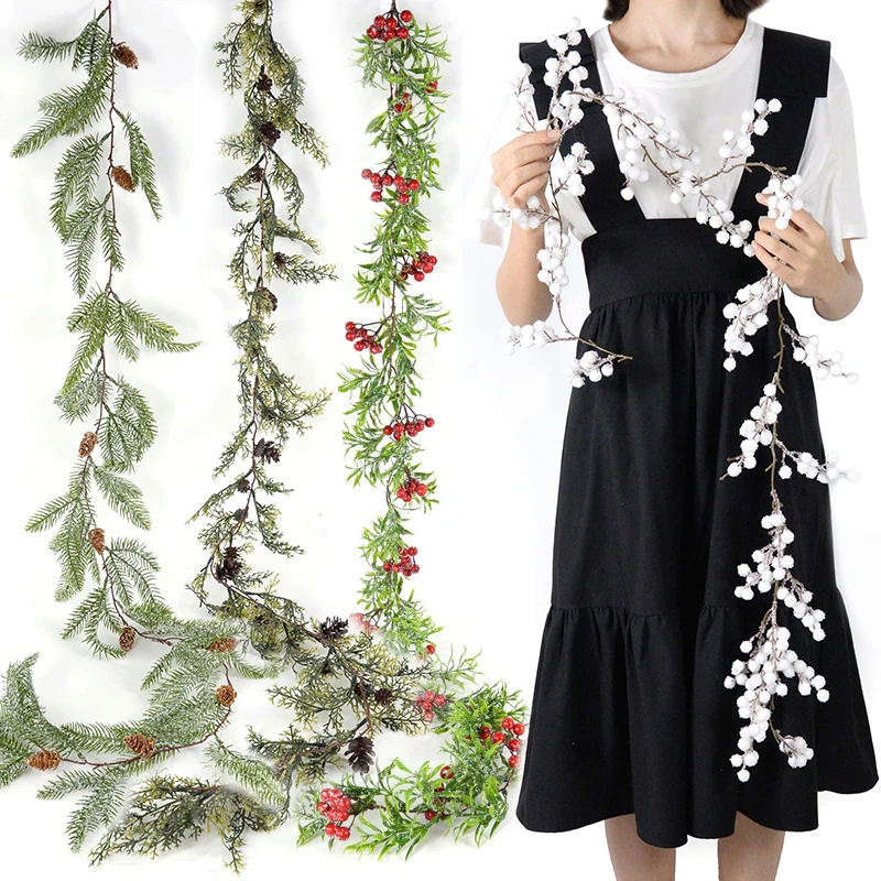 1.5M Christmas Garland Artificial Pine Red Berries Holly Leaves Plant Vine Wreath For Chirstmas Home Decoration New Year Gifts