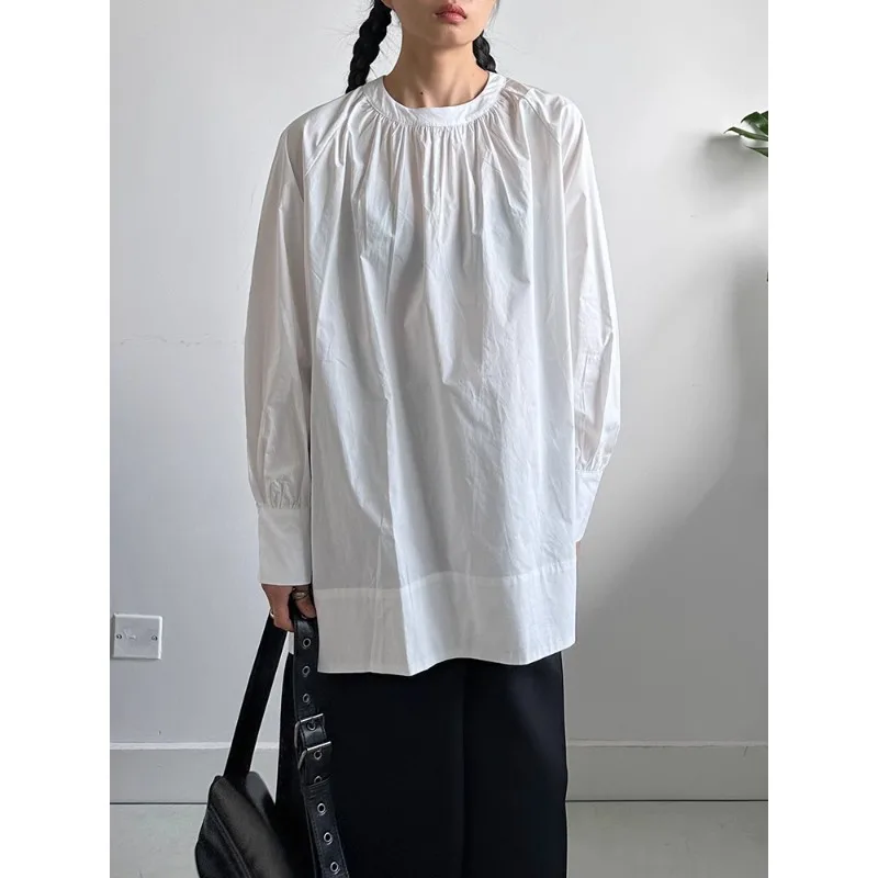 

SuperAen Korean Style O-neck Pleated Long Sleeve Cotton Tshirt for Women Autumn New White Sweet Loose Casual TShirts