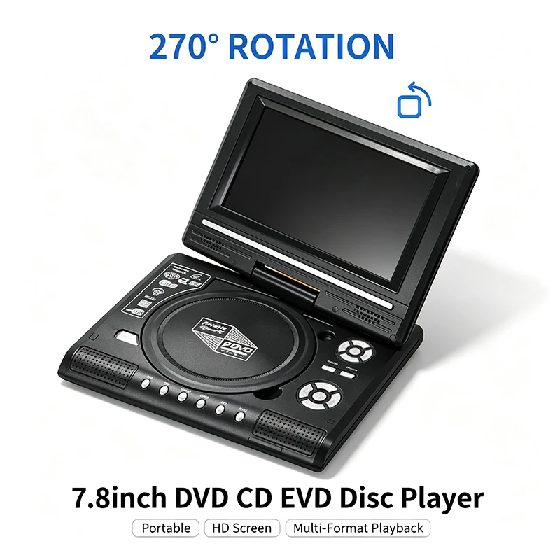 Lettore di dischi DVD CD EVD da 7,8 pollici, schermo panoramico 16:9, 270 ° Lettori TV Digitali Smart da Tavolo Girevoli