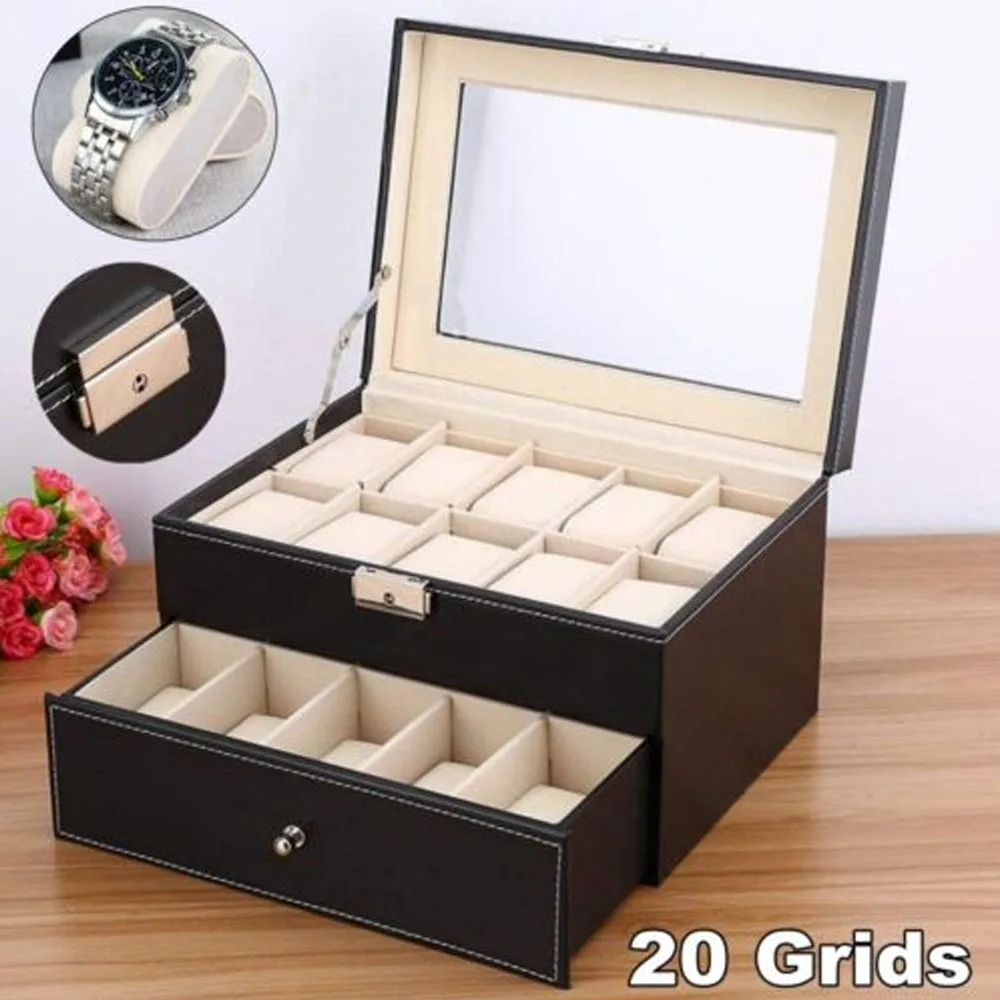 20 Girds Watch Display Case PU Leather Luxury Watch Box Organizer Storage Box For Men and Women Collection Jewelry Storage