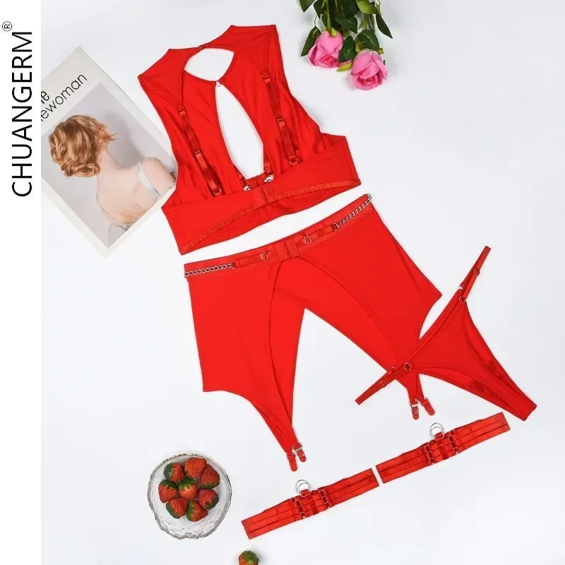 

CHUANGERM Sexy Lingerie Red Fashion Chain Steel Ring Gathered Erotic Underwear For Women Sensual Intimate Underwear Set Onlyfans