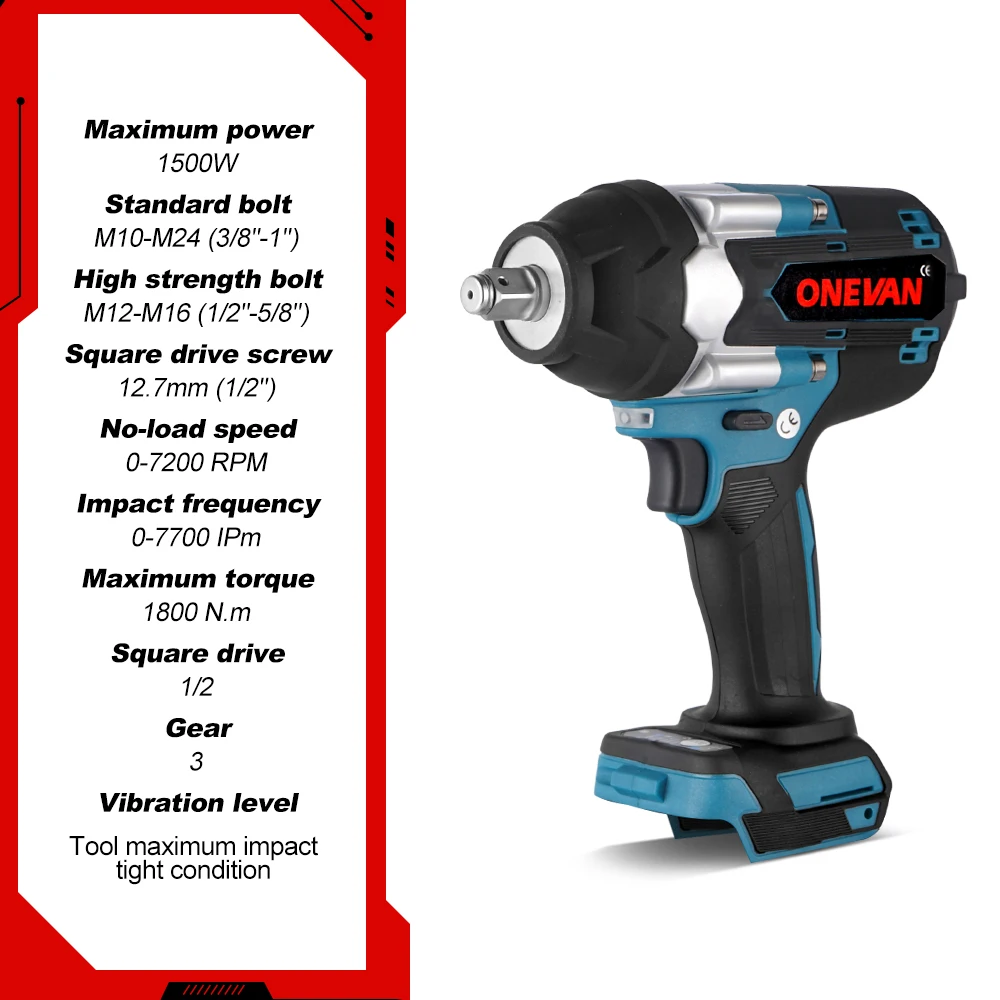 ONEVAN 1800N.M Brushless Electric Impact Wrench Screwdriver 3Gear High Torque Cordless Wrench Power Tools for Makita 18V Battery