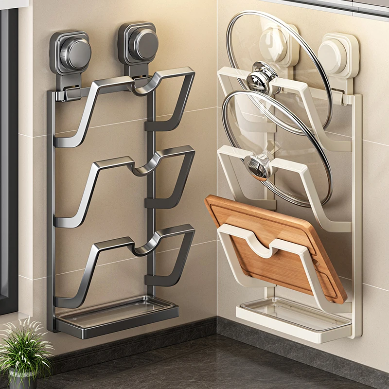 

Suction cup pot cover rack wall mounted non perforated kitchen storage rack multifunctional household placement device
