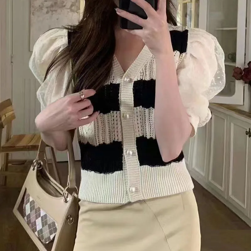 

Вязаный свитер-кардиган женский, новый, с длинным рукавом, V-образным вырезом, в полоску, вязаный кардиган, женские топы, Sueters De Mujer Q3481