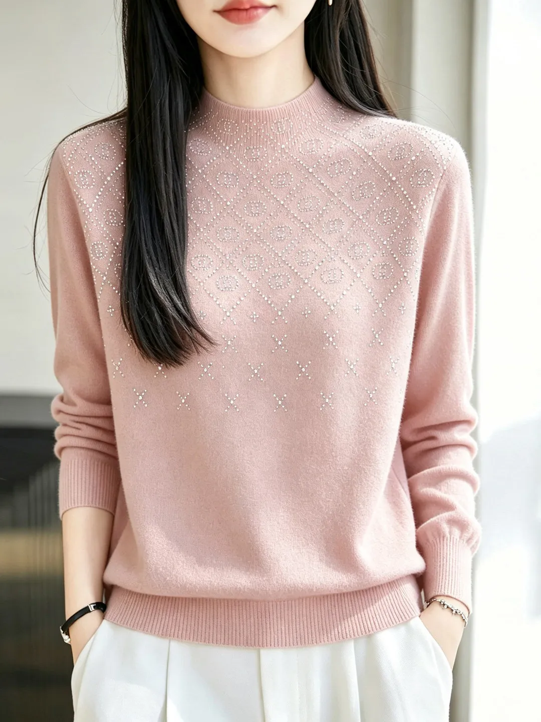 Elegant Heavy-Duty Sparkling Diamond Half-High Neck Knitted Sweater Women's Fashionable Long Sleeve Base Shirt New Arrival