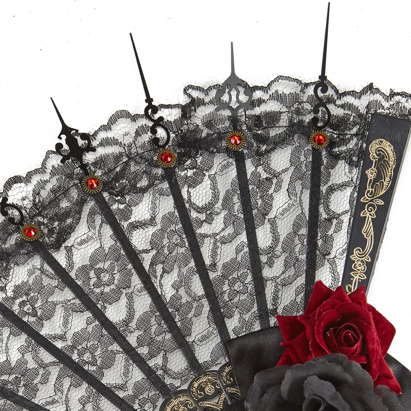 لوليتا مروحة خمر المرأة الدانتيل مروحة اليد القوطية مؤشر الساعة كريستال روز المشجعين اكسسوارات حفلة الهالوين
