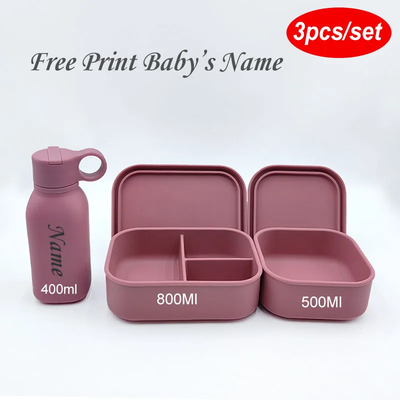 Personalized Name Silicone Water Bottle 3 Compartment Leakproof Bento Lunch Box For Kids Portable Camping Picnic Food Container