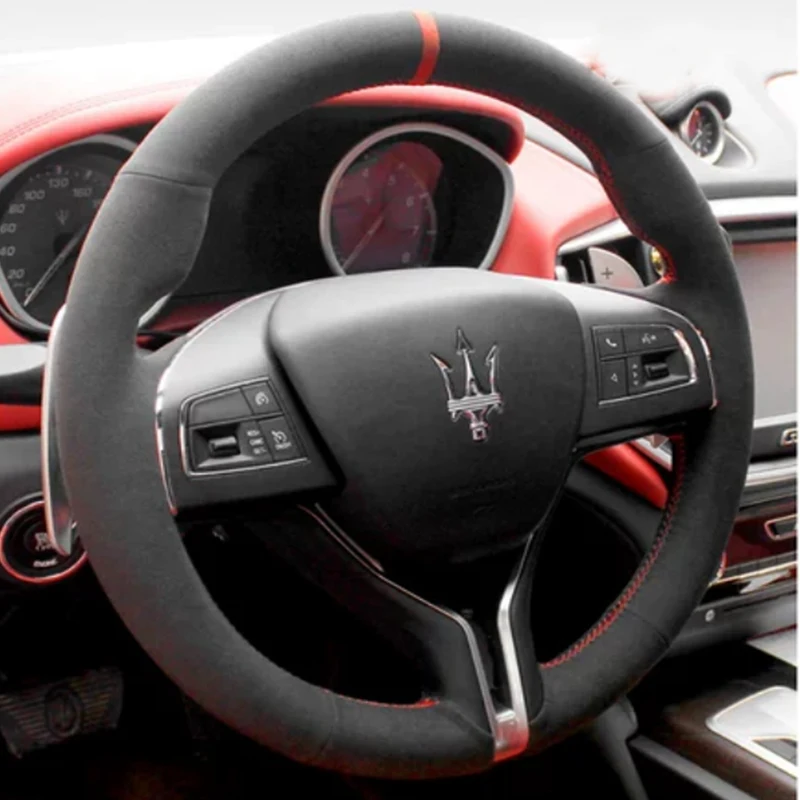 

100% подходит для Maserati Ghibli Levante Quattroporte, нескользящий замшевый чехол на руль автомобиля с ручной прошивкой