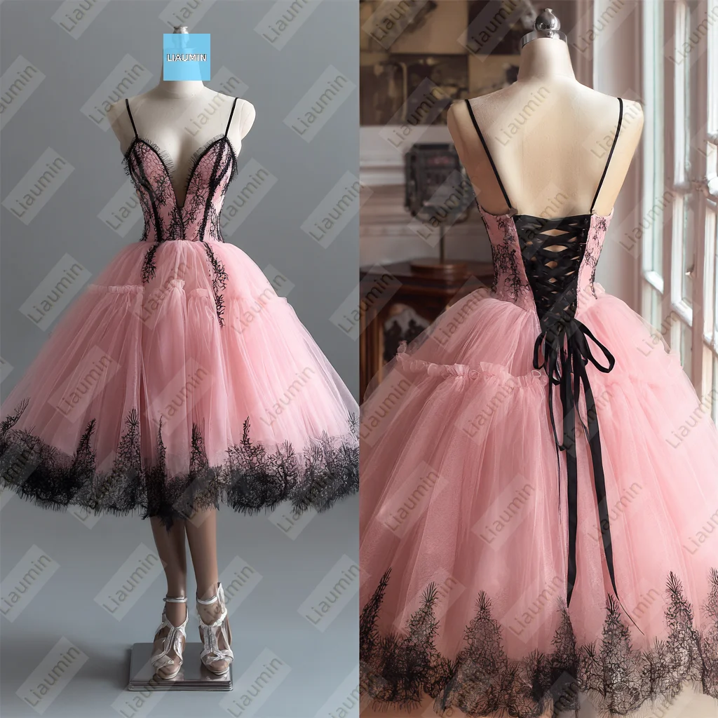 

Pink Tulle Spaghetti Straps Black Lace Applique Knee Length Evening Prom Wedding Formal Dress Lace-up Back Customized A7-1.36