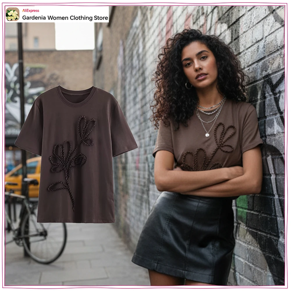 Elegant Chic Raised Bow T-shirts for Women Stylish Round Neck and Short Sleeves T-shirts New in Brown Tees Casual Summer Outfits