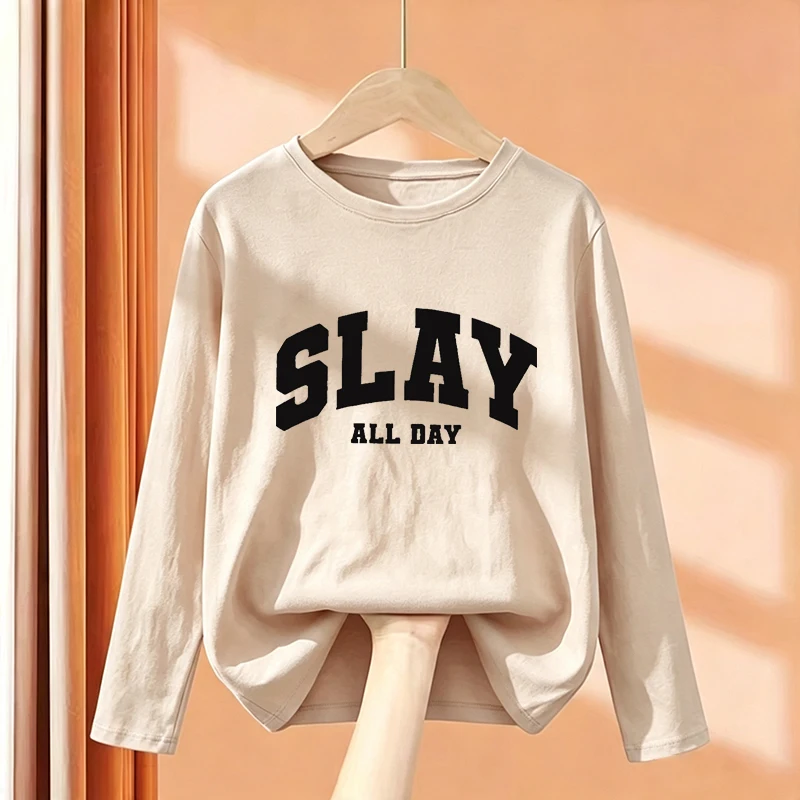 Fashion Slay All Day Letter Printed Long Sleeve T Shirts Kids Children's T-shirt Graphic Boys Girls Autumn Casual Top Tee Shirt