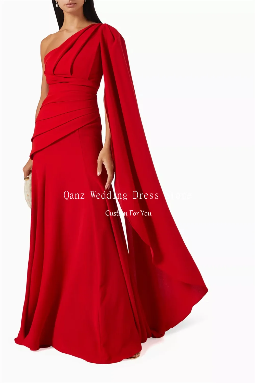 Qanz Red Satin Saudi Arabia Prom Dresses One Shoulder Long A Line Evening Dress Vestidos De Fiestas Elegantes Mujer Customized