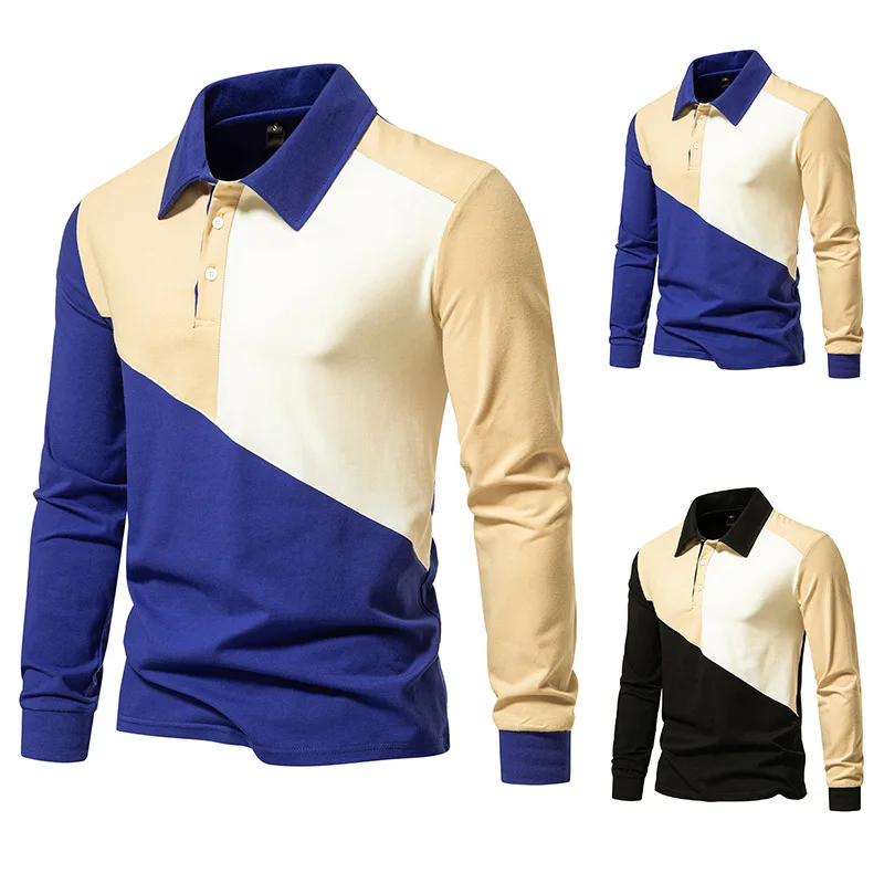 Spring and Autumn New Men's Color Matching Lapel Long Sleeve POLO Color Matching T-Shirt D26