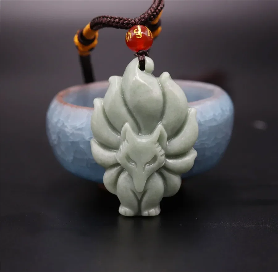 Chinese Lantian Jade Green  Seven-tailed Fox Pendant Necklace Charm Jewellery Fashion Lucky Amulet Gifts Women Man