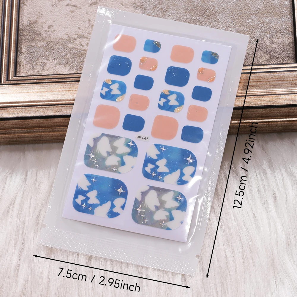 1Sheet(22Tips) Blue Butterfly Toe Nail Stickers Glitter Full Cover Toe Nail Wraps Baking Free Summer Beach Toenail Polish Strips