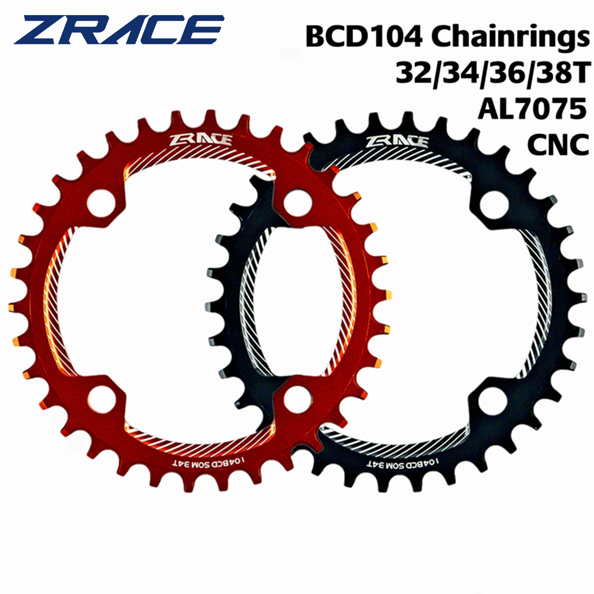 ZRACE Chainrings Chainwheels BCD104, 32T/34T/36T/38T, Narrow Width Tooth AL7075 CNC for MTB