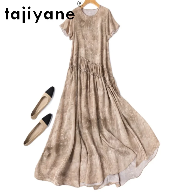 

TAJIYANE 100% Mulberry Silk Dress Woman Summer 2025 Elegant Long Dresses Vacation Printed Frocks Women Clothing платье женское