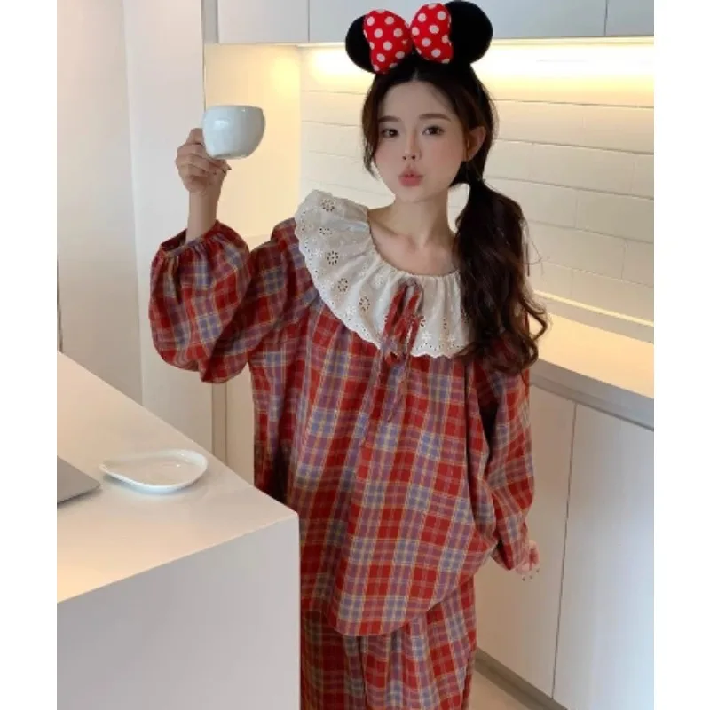 2026 New Doll Collar Red Checkered Pajama Set Students Falbala Homewear Women Spring Autumn Sleepwear Loose Lattice Loungewear