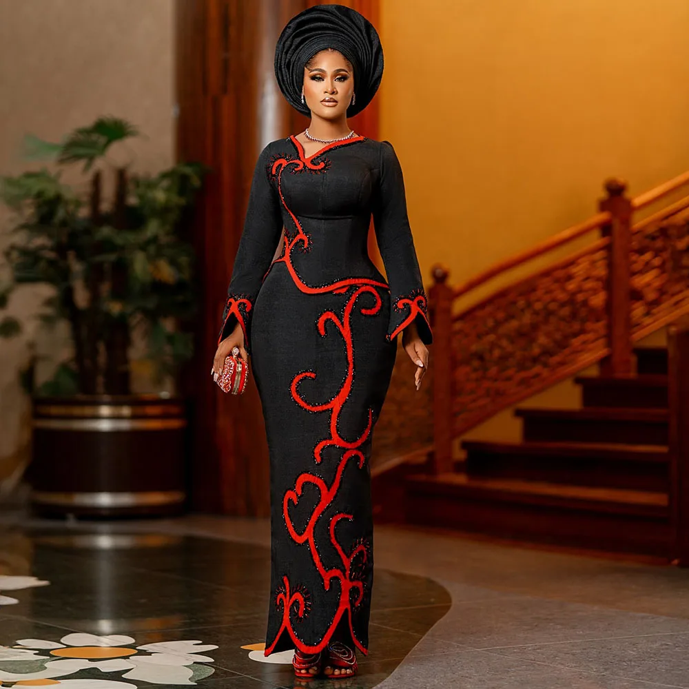 Luxury Aso Ebi Evening Dresses Black Wedding Reception Dress Long Sleeves African Nigerian Prom Gown Customized