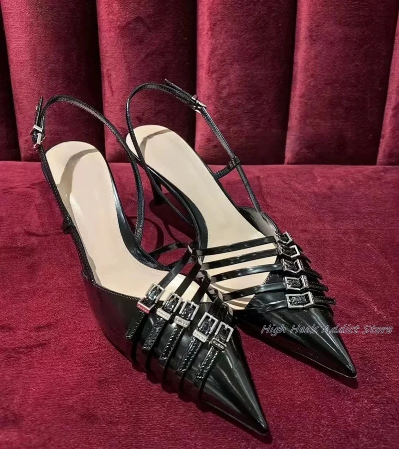 

Pointed Toe Pink/Black/White Buckled Leather Pumps Slingback High Heels Women's Sandals Luxury Designer Cheap Shoes on Offer