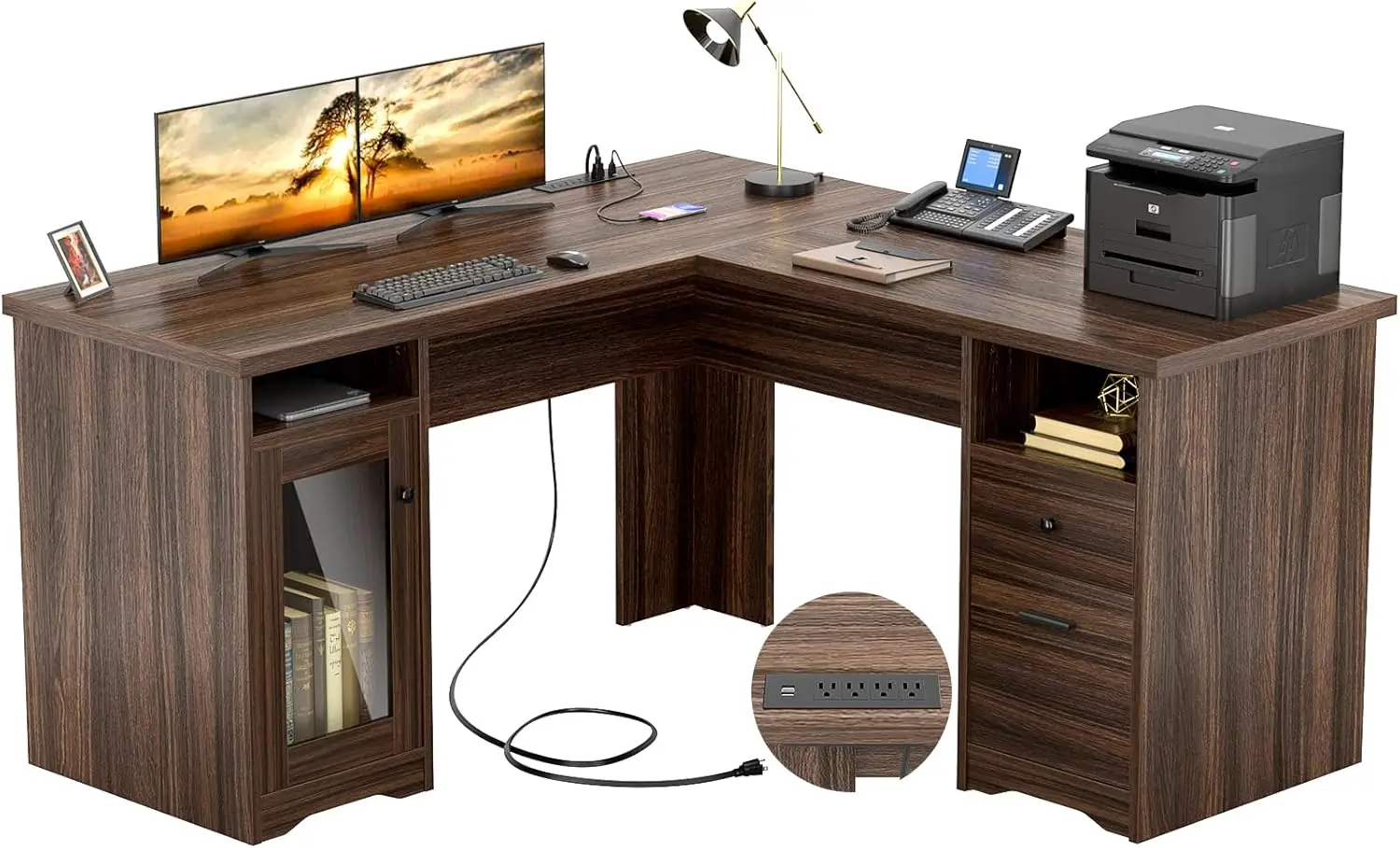 Unikito L Shaped Desk With File Cabinet, Corner Computer Desks With Power Outlets And Usb Charging Ports, Large L Shape Office