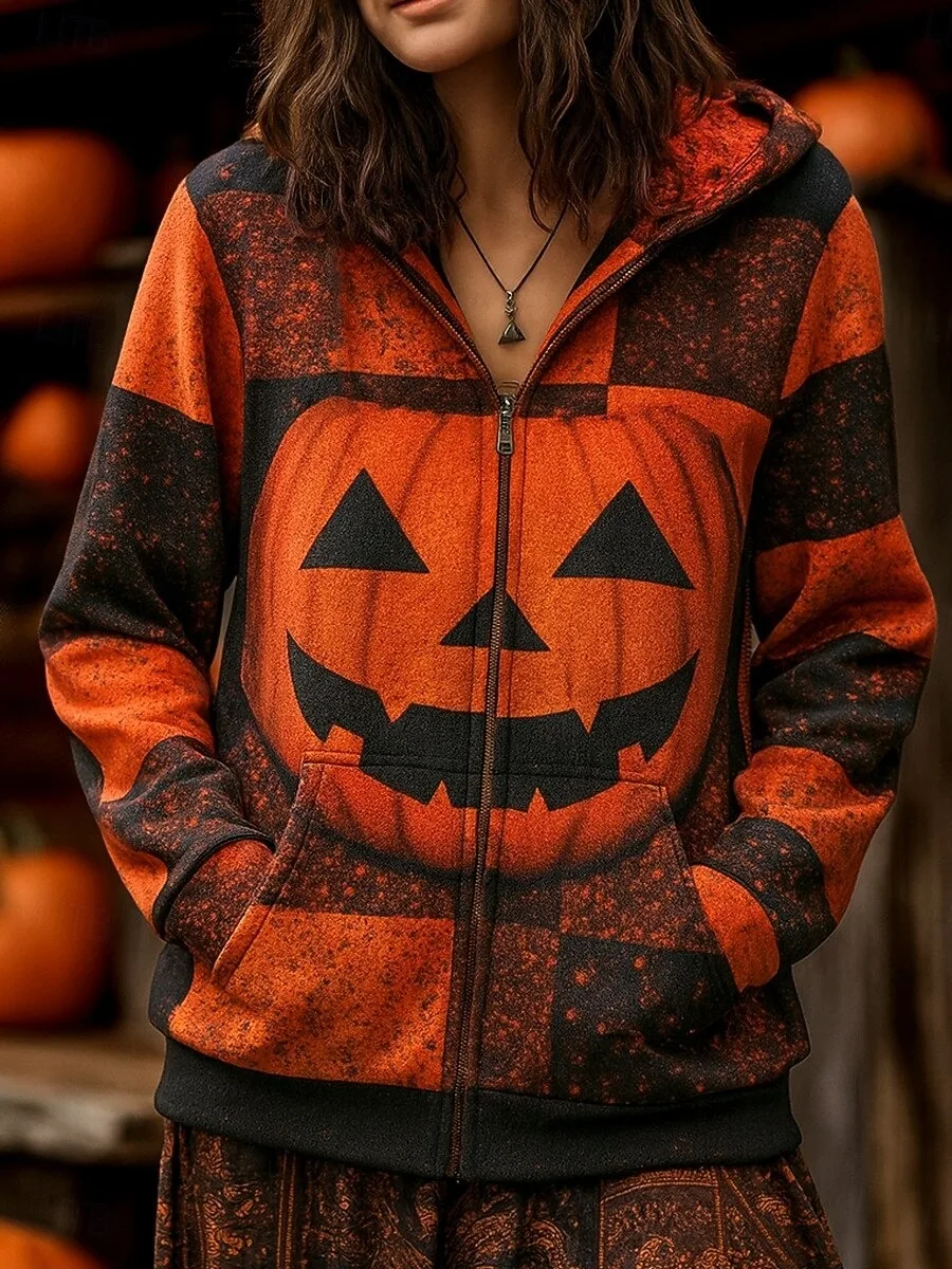 

Halloween Women's Zip Up Hoodies Skull Pumpkin Graphic Fashion Long Sleeve Hooded Tops Street Dailywear Casual Women's Clothing