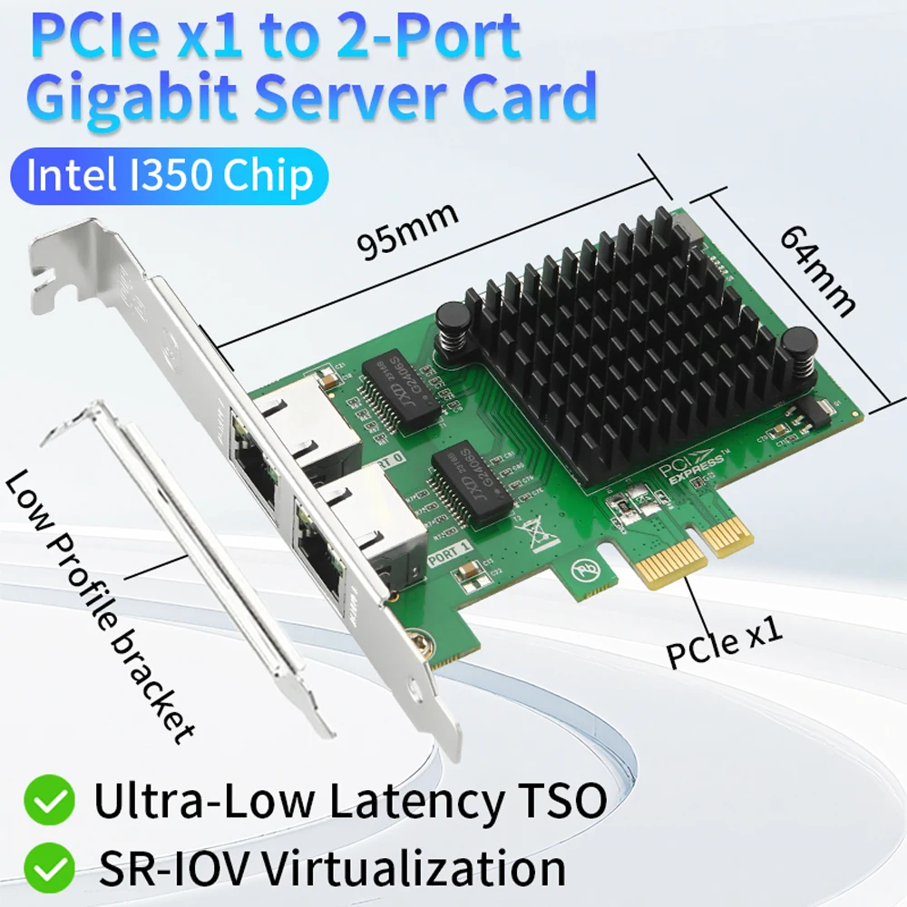 Intel I350-T2 Chip 2 Ports PCIe x1 Gigabit Ethernet Network Card Dual RJ45 Server Internal NIC 10/100/1000Mbps for Desktop PC
