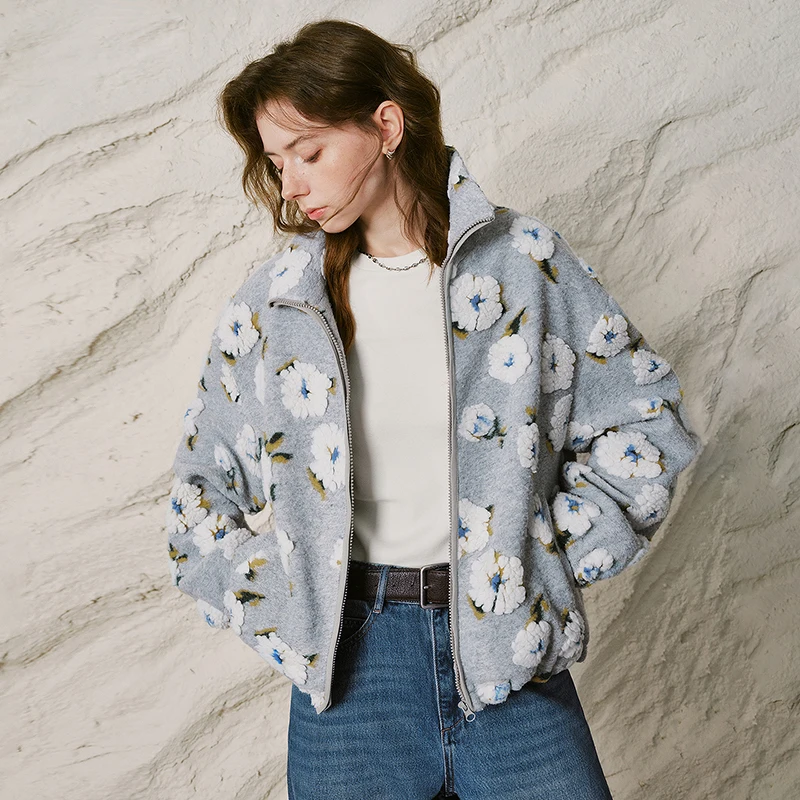 Women's Fleece Jacquard Jacket with Stand Collar - Winter Outerwear