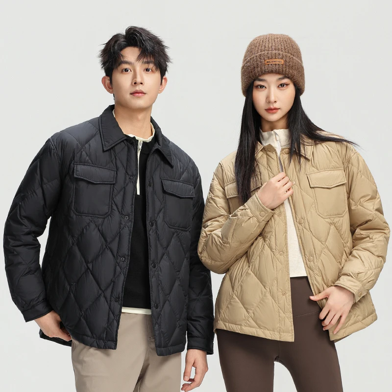 

Короткий пуховик унисекс 2025 года с воротником с лацканами, легкий свободный крой больших размеров, однотонное повседневное зимнее пальто на белом утином пуху