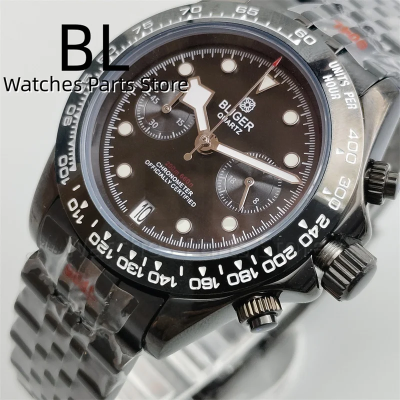 BLIGER 39mm Full Black VK64 Quartz Chronograph Watch For Men Sapphire Crystal 6 O \'clock Date Function Waterproof Jubilee