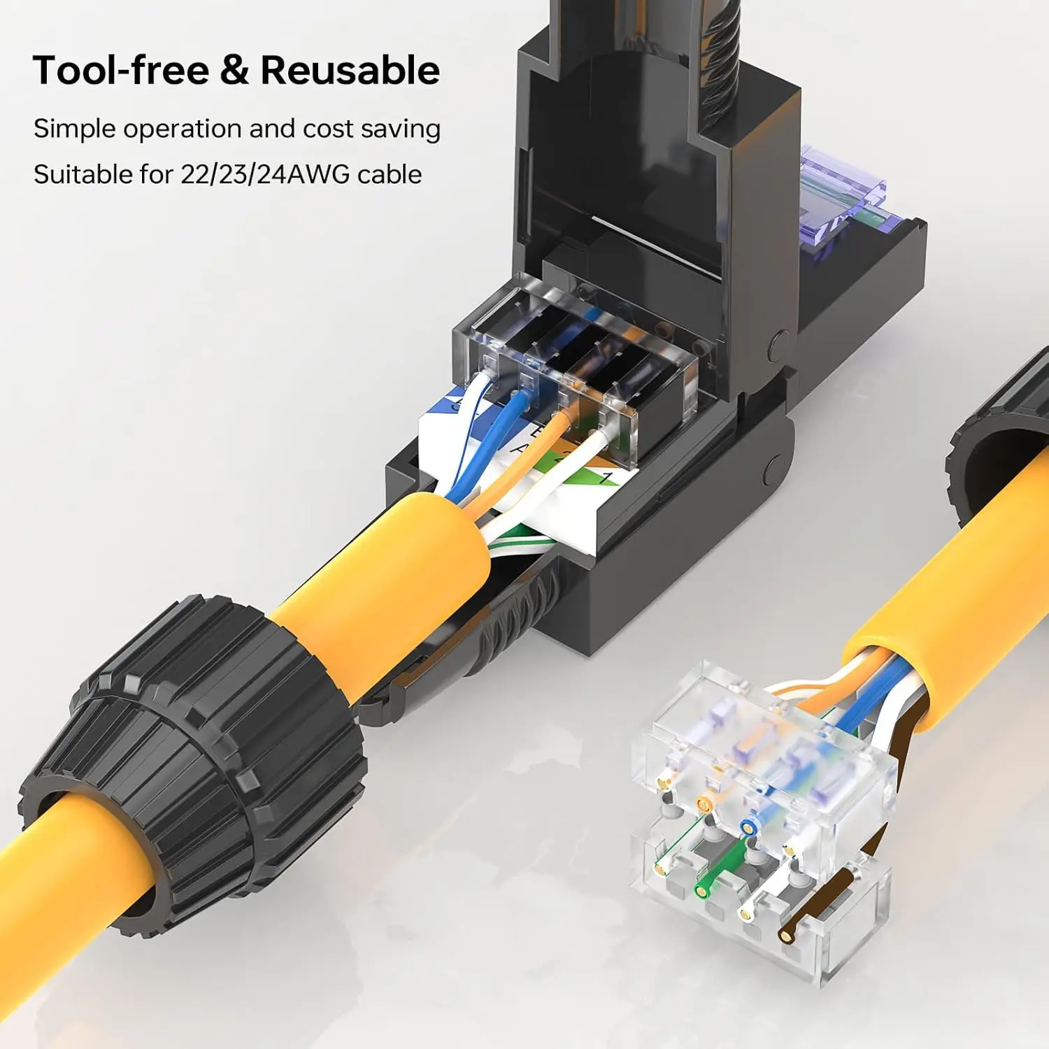 موصلات RJ45 Cat6 أداة إيثرنت مطلية بالذهب مجانًا وقابلة لإعادة الاستخدام لكابلات 22-24 AWG عبوة من قطعتين