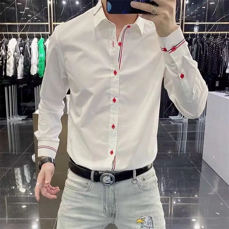 Spring New Men's High-end Casual Slim Fit Long Sleeved Trendy White Shirt Handsome Youth Korean Version Western-style Shirt