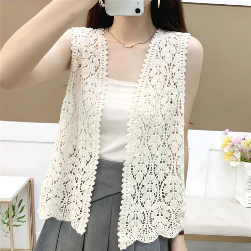 Summer Women Retro Hollow Embroidery Casual Loose Sleeveless Knitted Cardigan Vest