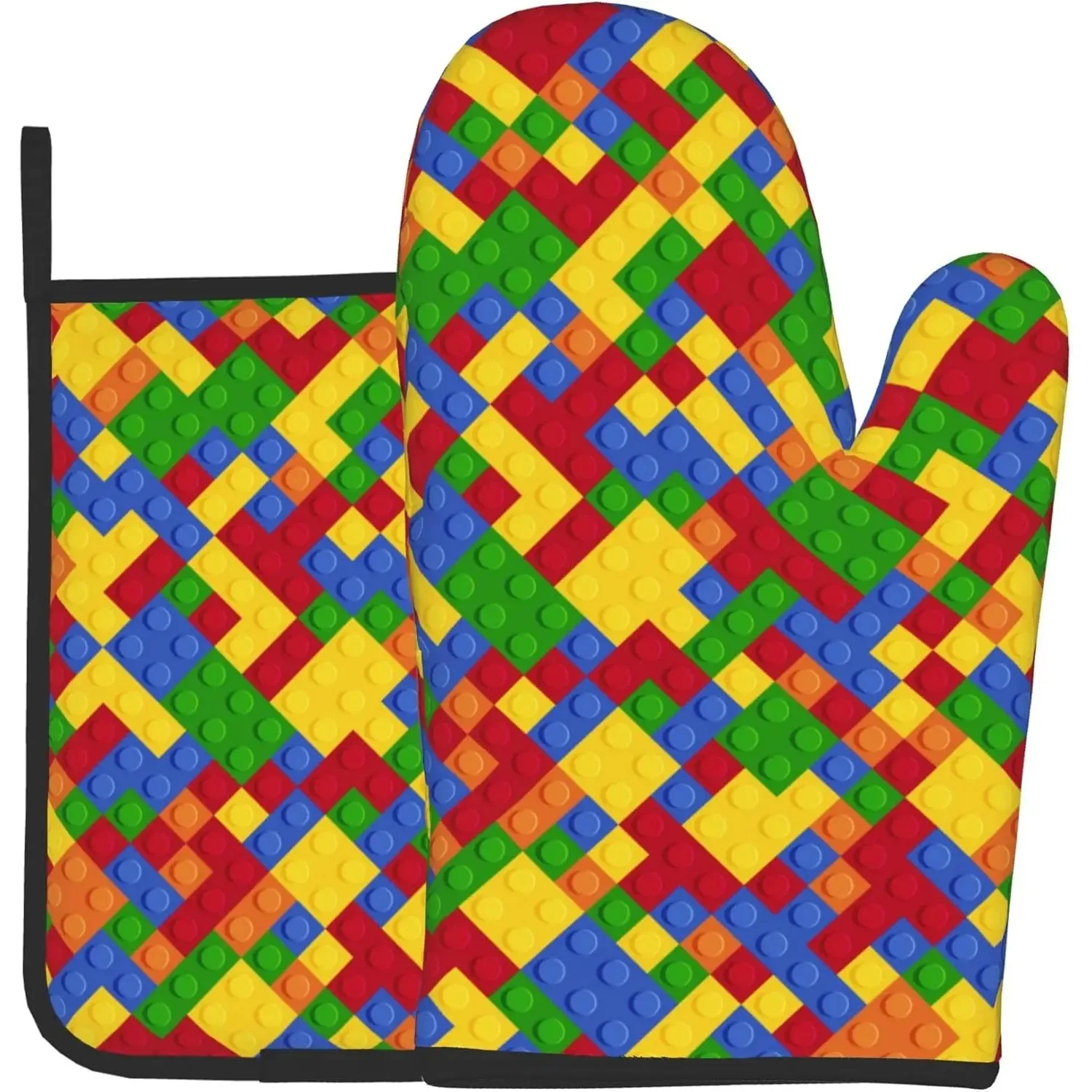 Colorful Building Blocks Oven Mitts and Pot Holders Set, Washable Heat Resistant Kitchen Non-Slip Grip Oven Gloves
