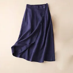 Summer Skirts For Women Outfits Button Jupe Cotton Linen A-line Skirts Elegant Solid Color Midi Skirt Casual Streetwear Skirt