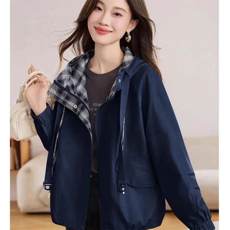 Spring Femme Long Sleeves Jacket Autumn Women Fashion Hooded Plaid Color Blocked Coat Retro Ladies High-end Patchwork Short Tops