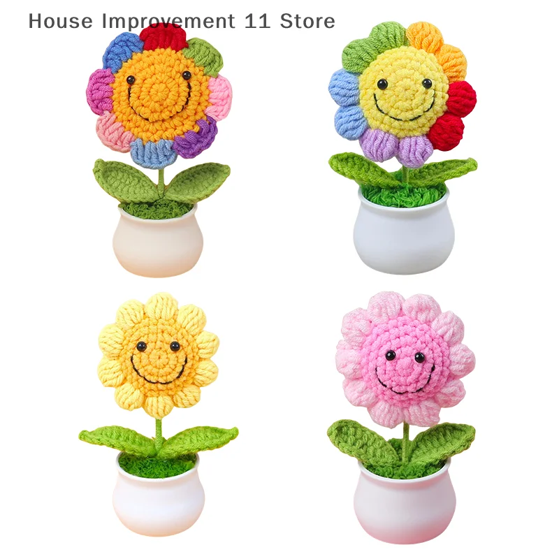 1 Piece Creative Artificial Flowers Cute Crochet SunFlower Pots Knitted Flower Graduation Flower Car Home Decoration Gift