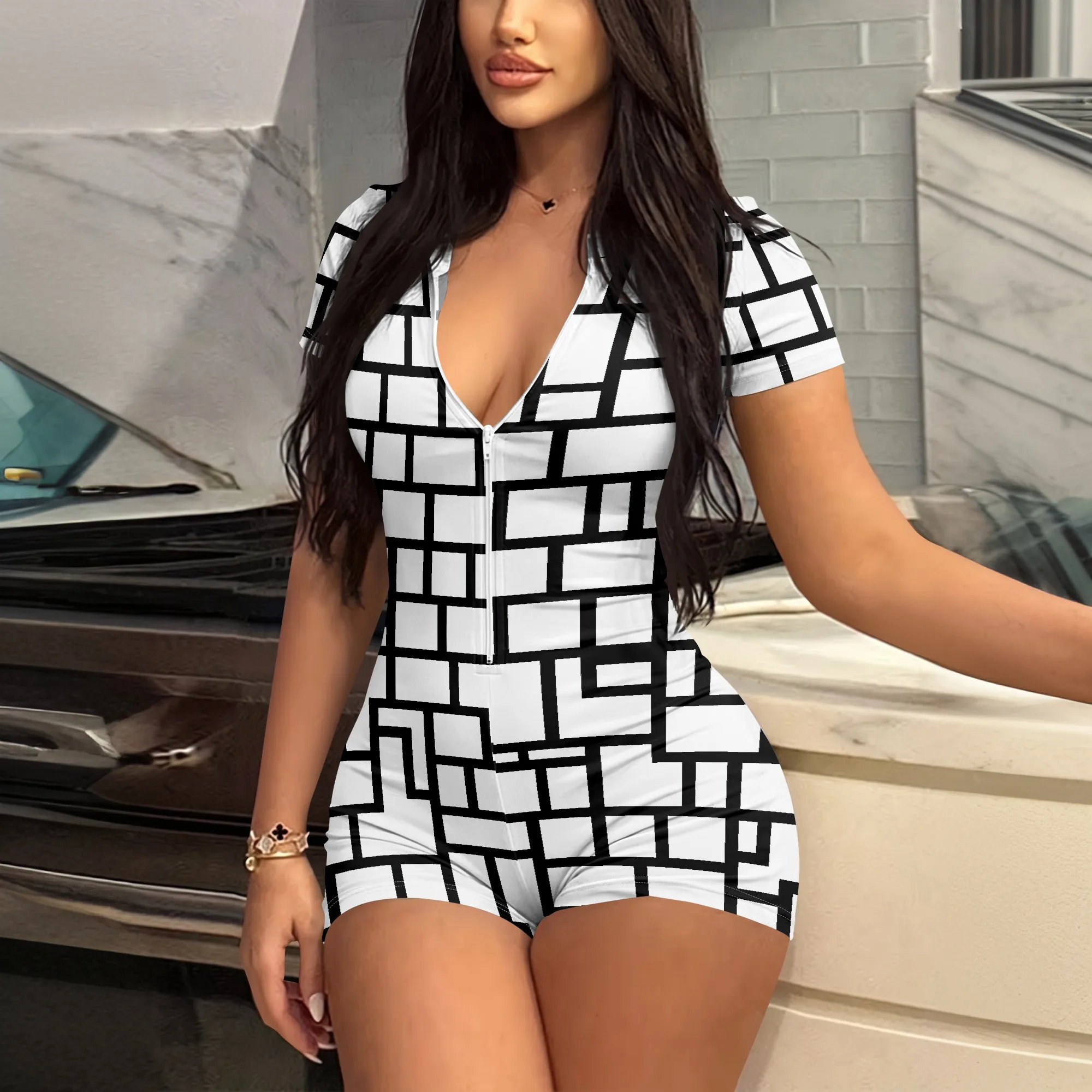 

Geometric Print Romper, Short Sleeve Jumpsuit, V Neck Zip Front, Casual Party Wear, Summer Fashion Outfit, S-2XL