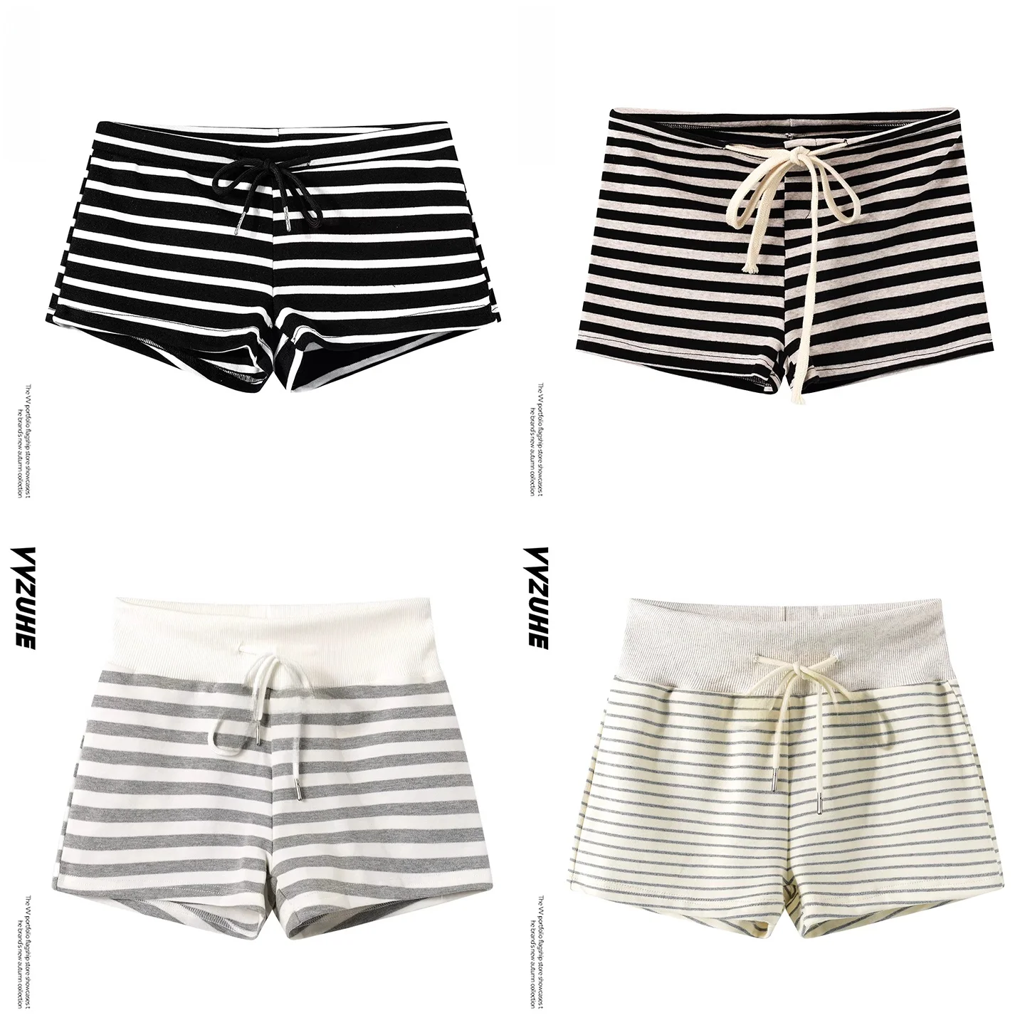 Sexy Tight High Waist Short Pants Women's Summer Slim Fit Drawstring Small Size Pants Casual Outdoor Wear Striped Base Layer ...