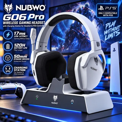 NUBWO G06 Fone de Ouvido Gamer Sem Fio com Base de Carregamento para Fone e Controle PS5 Bateria Longa Duração Áudio Estéreo Microfone HD Cancelamento Ruído RGB Luz LED para PS5 PS4 PC Switch Celular Laptop Jogo Online