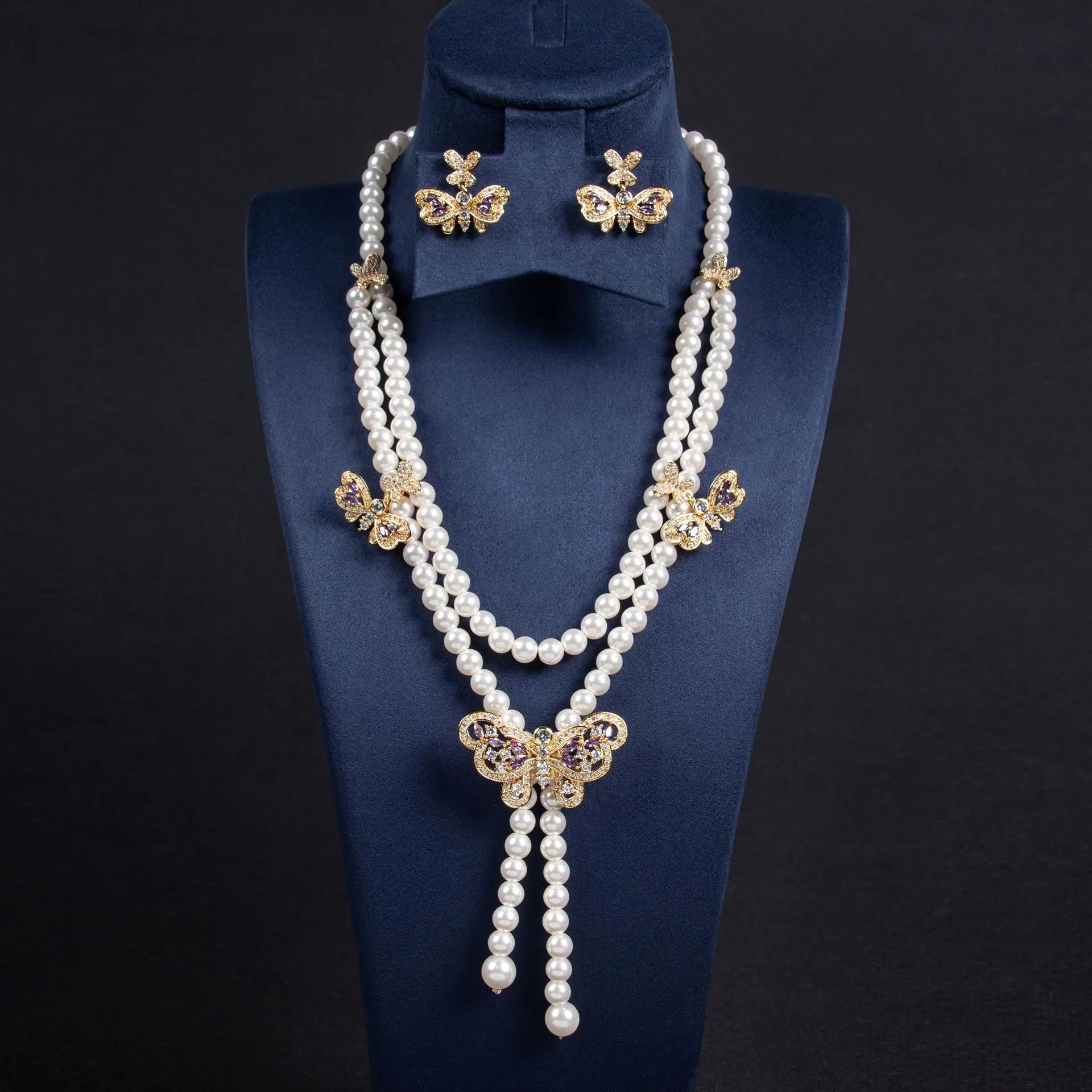 Nuovo vestito accessori collana orecchini set impilare doppia perla farfalla pendente festa cena matrimonio sposa M-243
