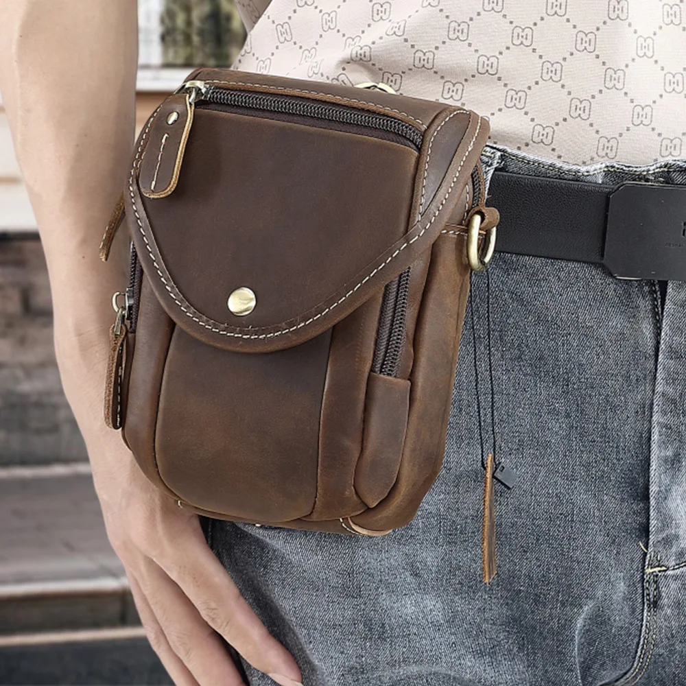 Men's Top-Grain Leather Crossbody Bag - Vintage Multifunctional Phone Pouch Waist Pack with Detachable Shoulder Strap & Belt Loo