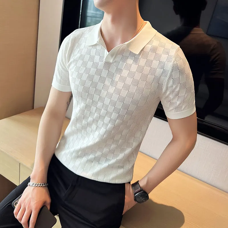 Men Polo Shirt 2023 Summer New Thin Ice Silk Elastic Casual Slim Fit Knitted Short Sleeve Polo Shirts British Style Men Clothing