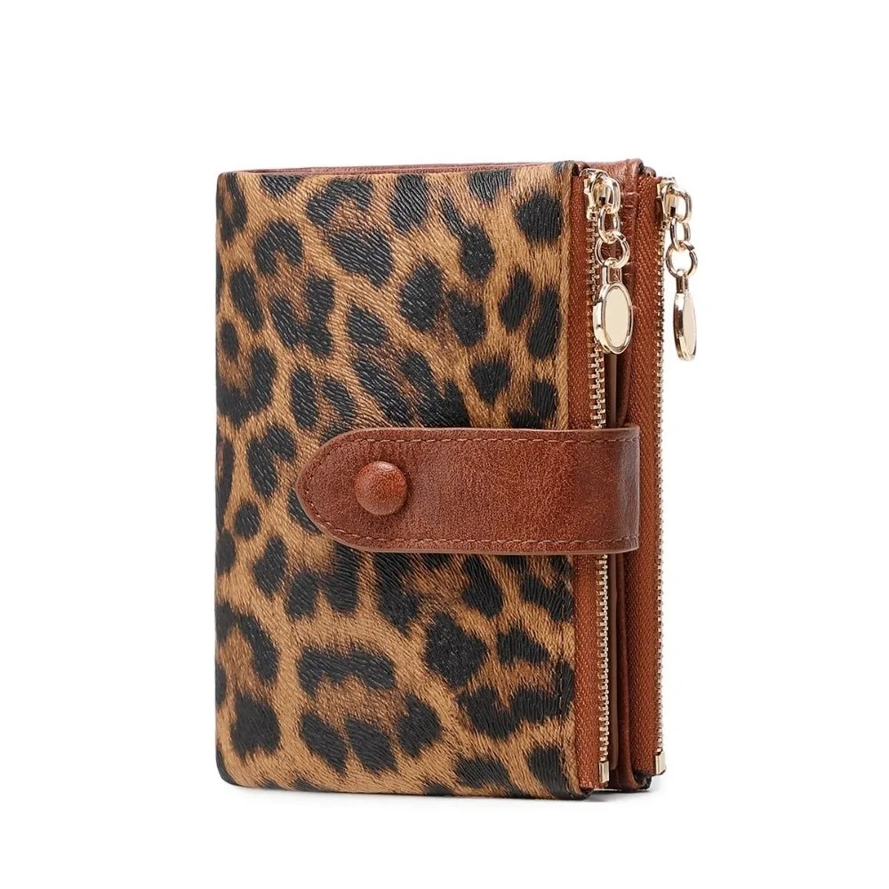 Leopard Print PU Leather Short Wallet Double Zipper Multi Card Slots Coin Purse Polyester Lining Large Capacity Card Holder Work
